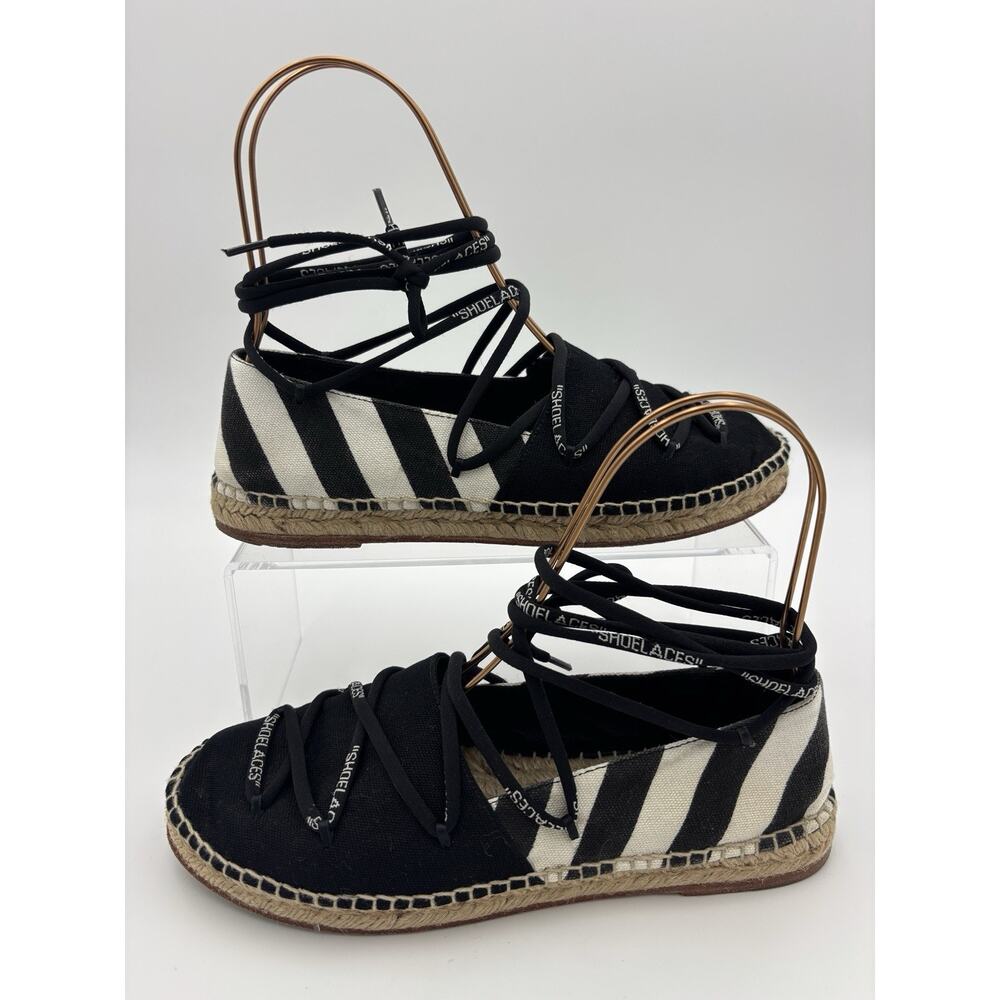 Off-White Diagonals Canvas Espadrilles Black White Stripe Ankle Wrap Size 38